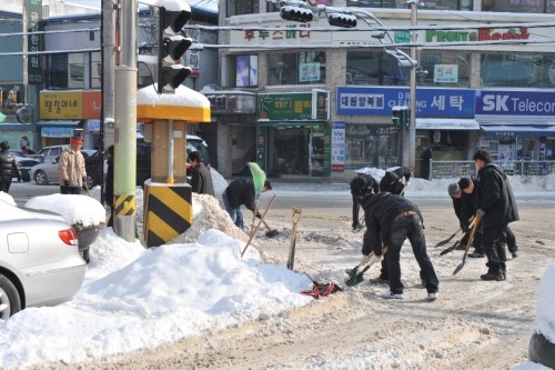 폭설로 인한 교통혼란 대비! 전 행정력동원 도로변 신속한 제설작업